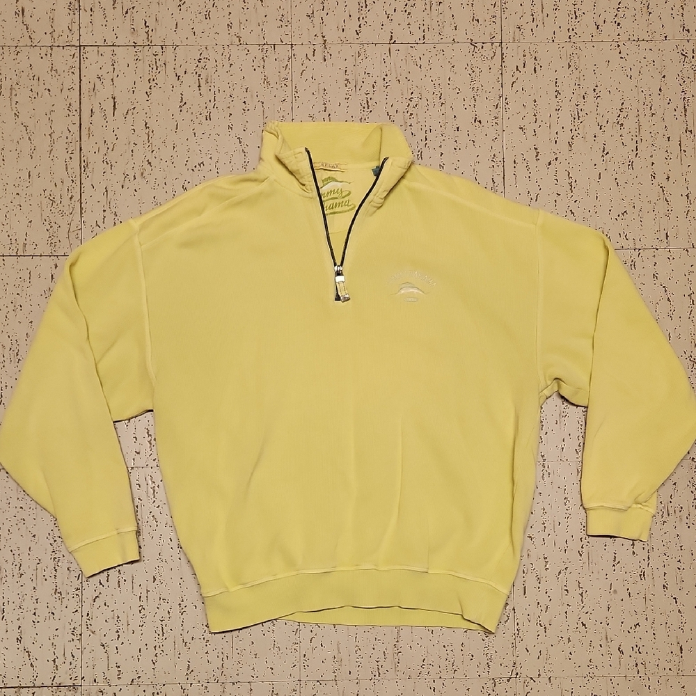 Tommy Bahama Yellow Embroidered Logo 1/4 Zip Casual Knit Style Pullover Sweater